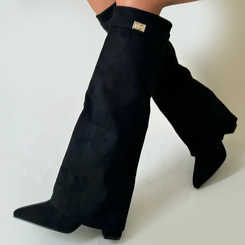Women's Suede Knee High Boots Buckle Detail Brown - VibreMode