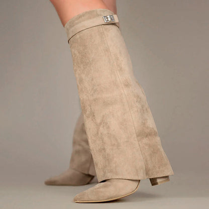 Women's Suede Knee High Boots Buckle Detail Brown