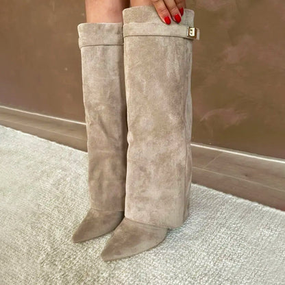 Women's Suede Knee High Boots Buckle Detail Brown