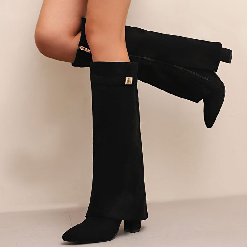 Women's Suede Knee High Boots Buckle Detail Brown