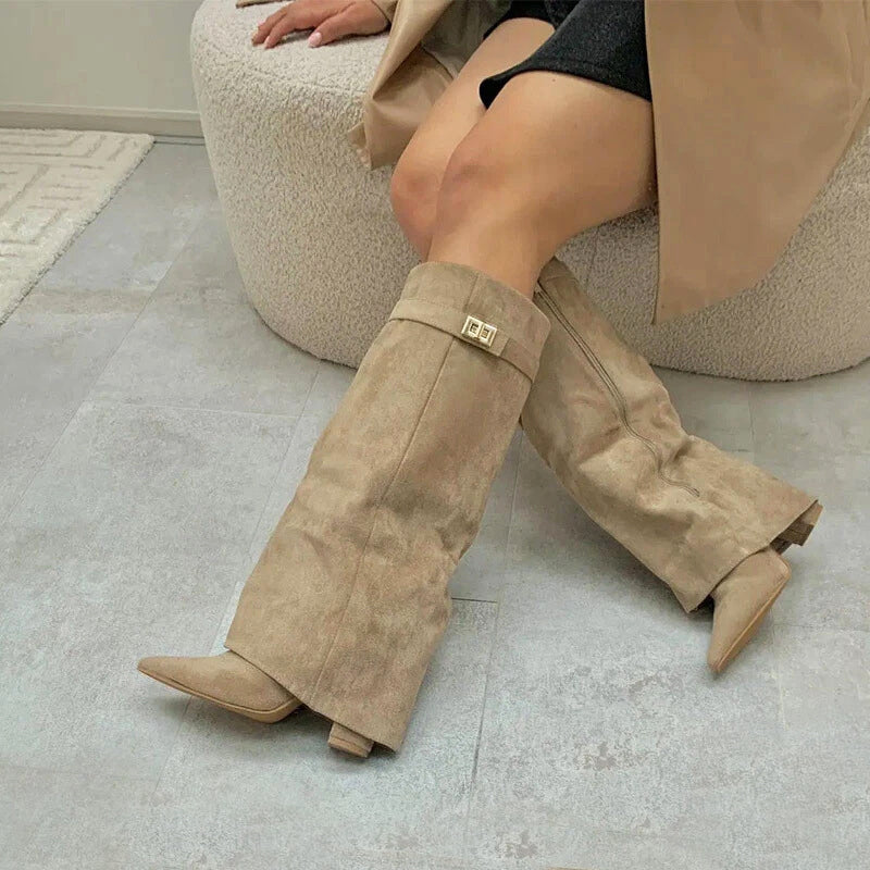 Women's Suede Knee High Boots Buckle Detail Brown