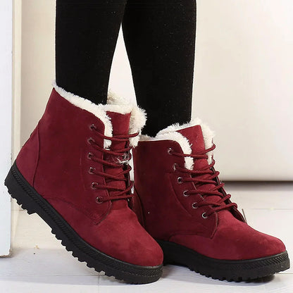 Women's Faux Fur Lined Ankle Boots Lace-Up Winter Black - VibreMode