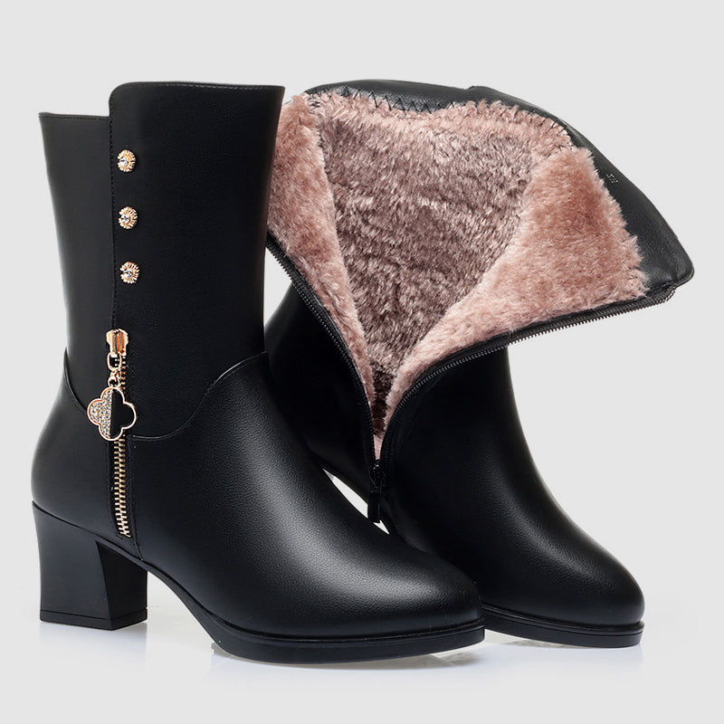 Women's Leather Mid-Calf Boots Block Heel Plush Lining Brown - VibreMode