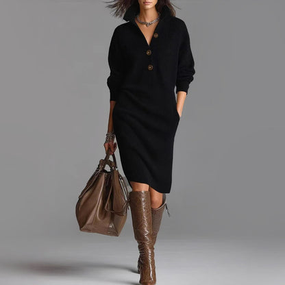Women's Slim Fit Sweater Dress Ribbed Collar Midi Length