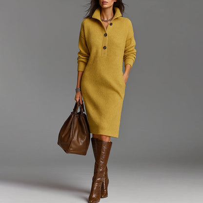 Women's Slim Fit Sweater Dress Ribbed Collar Midi Length