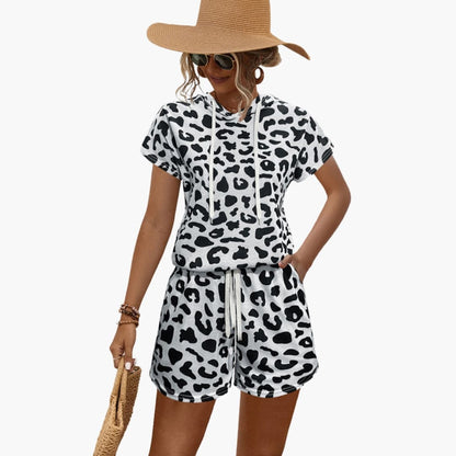 Women's Animal Print Hooded And Shorts Set
