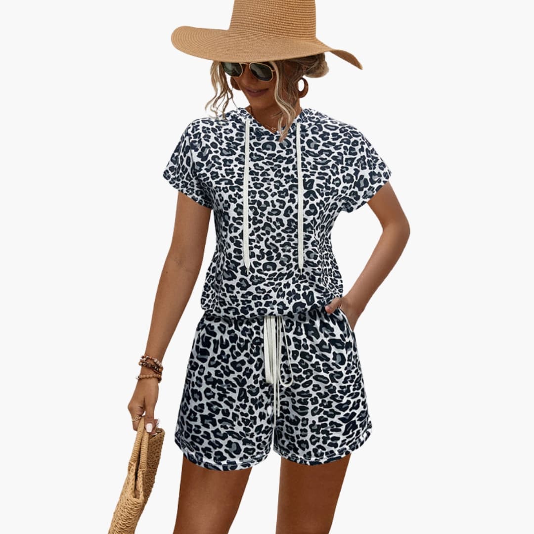 Women's Animal Print Hooded And Shorts Set