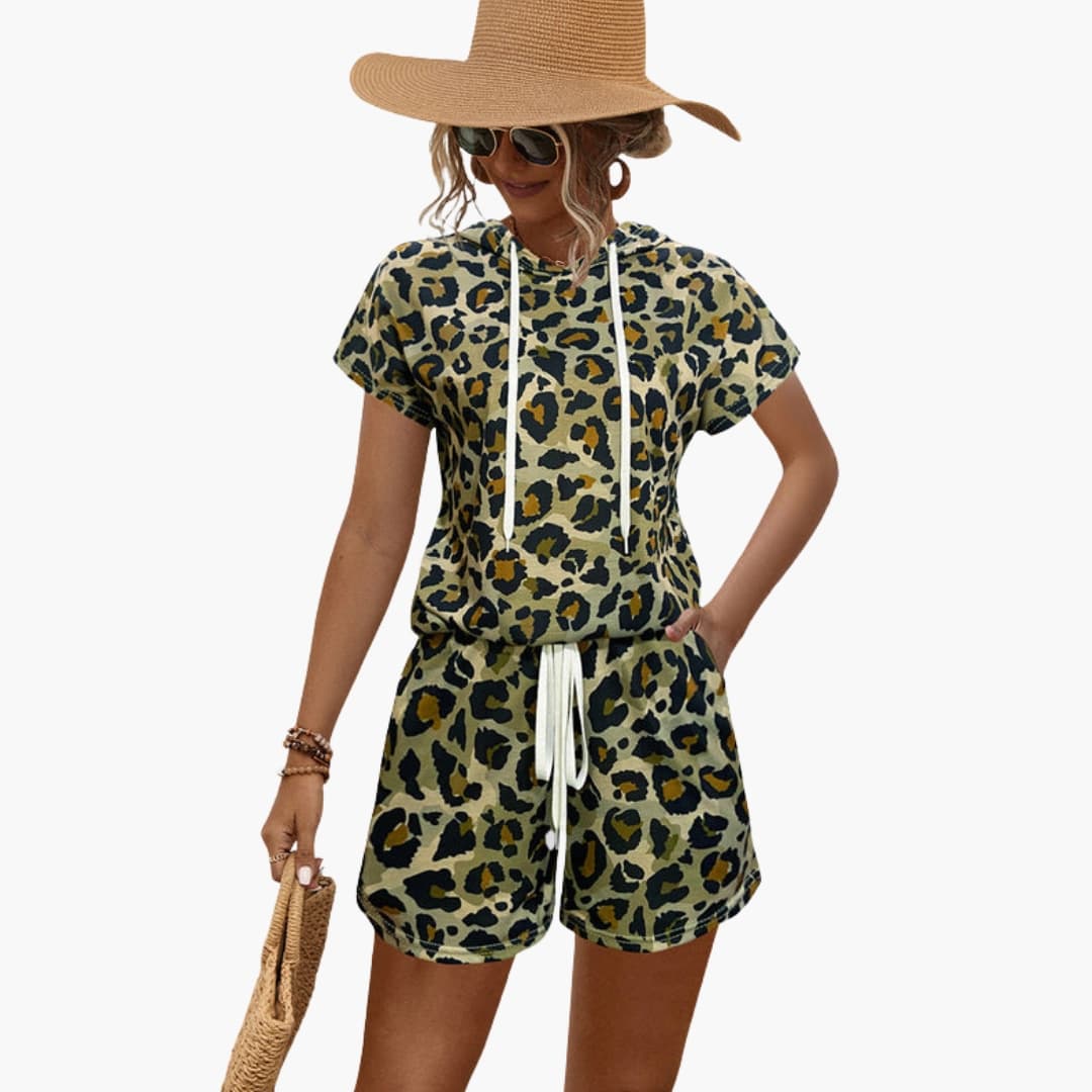 Women's Animal Print Hooded And Shorts Set