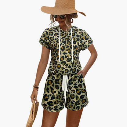 Women's Animal Print Hooded And Shorts Set