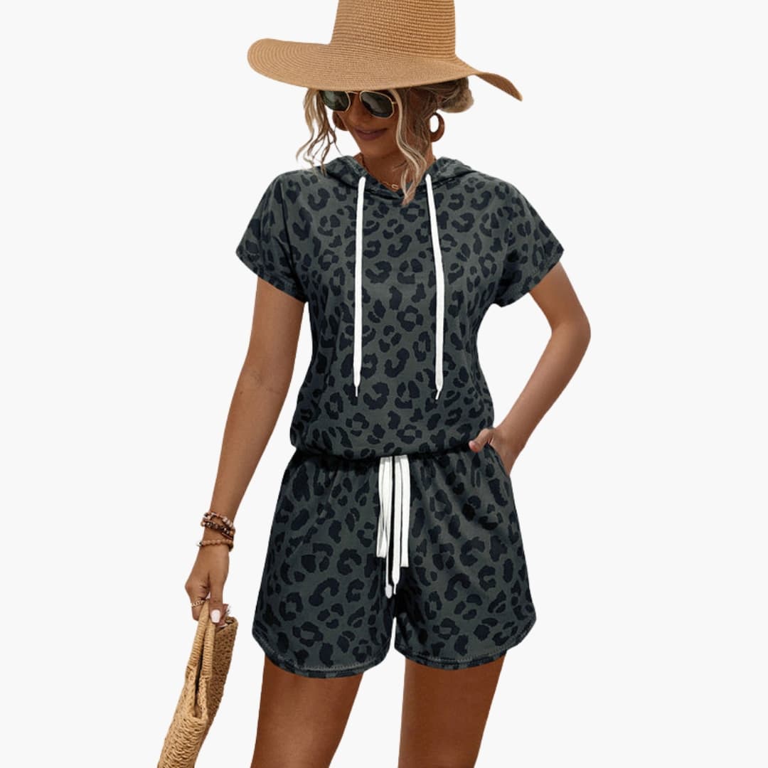 Women's Animal Print Hooded And Shorts Set