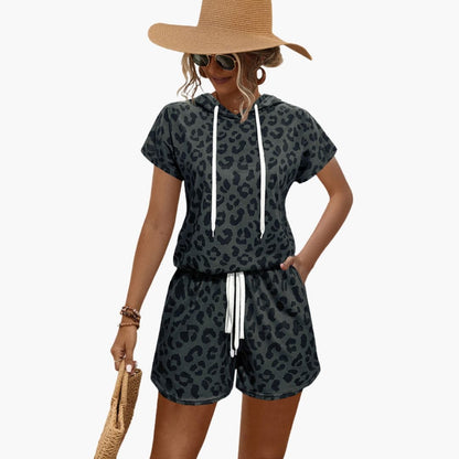 Women's Animal Print Hooded And Shorts Set