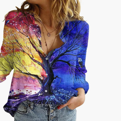 Women's V-Neck Long Sleeve Blouse Artistic Print