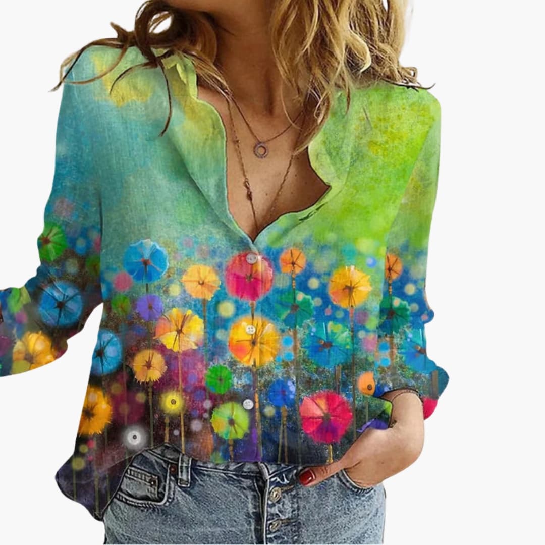 Women's V-Neck Long Sleeve Blouse Artistic Print