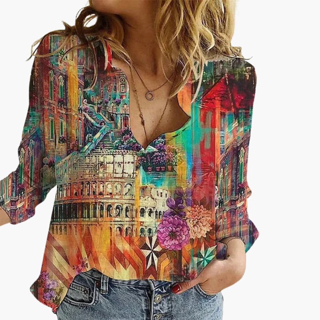 Women's V-Neck Long Sleeve Blouse Artistic Print - VibreMode
