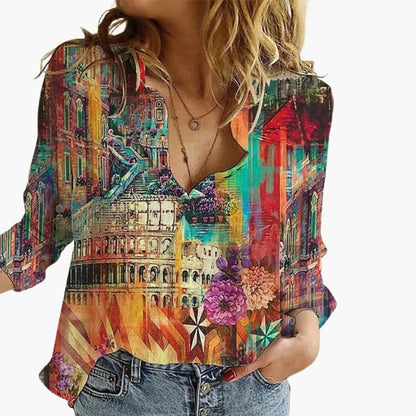 Women's V-Neck Long Sleeve Blouse Artistic Print - VibreMode