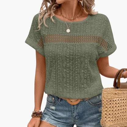 Women Batwing Sleeve T-Shirt Lace Trim