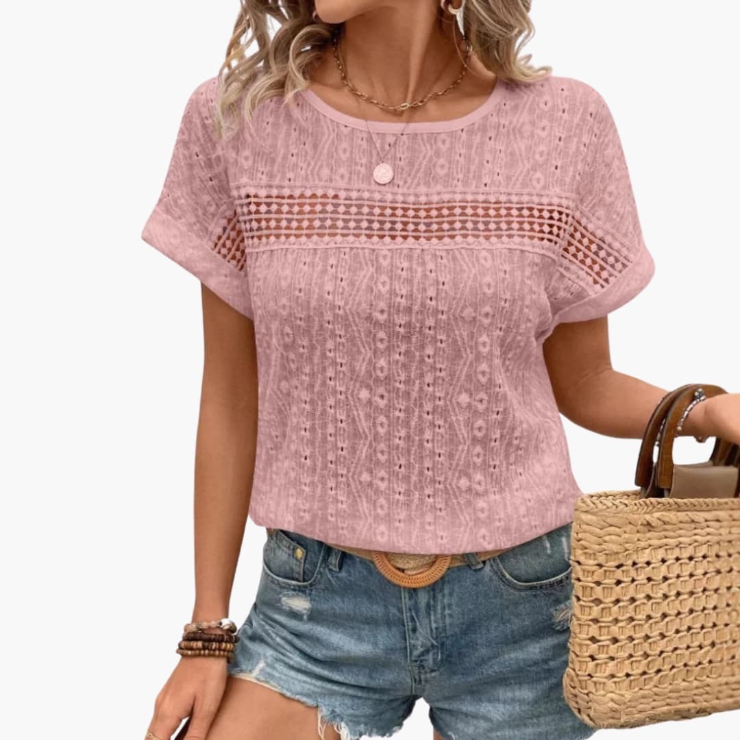 Women Batwing Sleeve T-Shirt Lace Trim