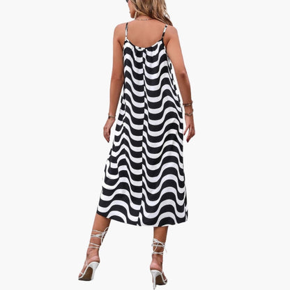 Women Beach Dress Spaghetti Straps Wave Print