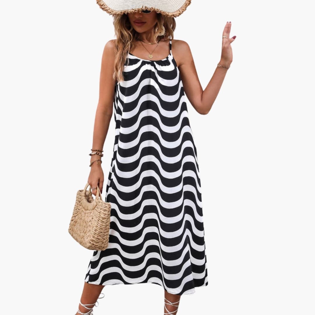Women Beach Dress Spaghetti Straps Wave Print