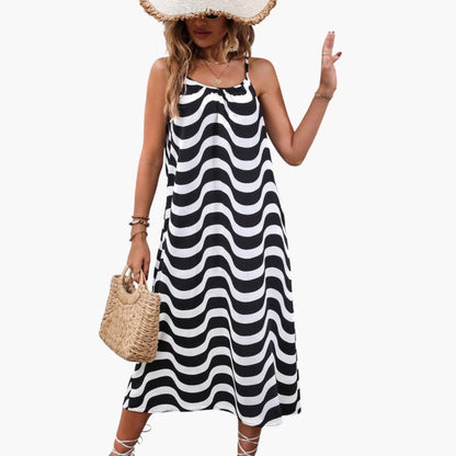 Women Beach Dress Spaghetti Straps Wave Print