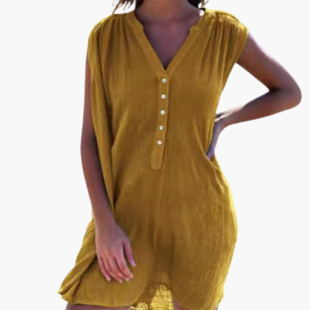 Women's V Neck Button Front Beach Dress