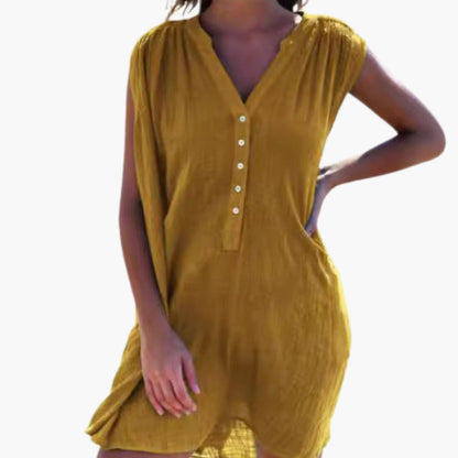 Women's V Neck Button Front Beach Dress