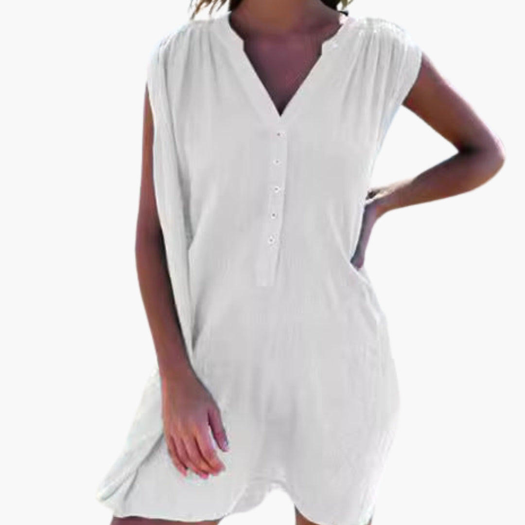 Women's V Neck Button Front Beach Dress - VibreMode