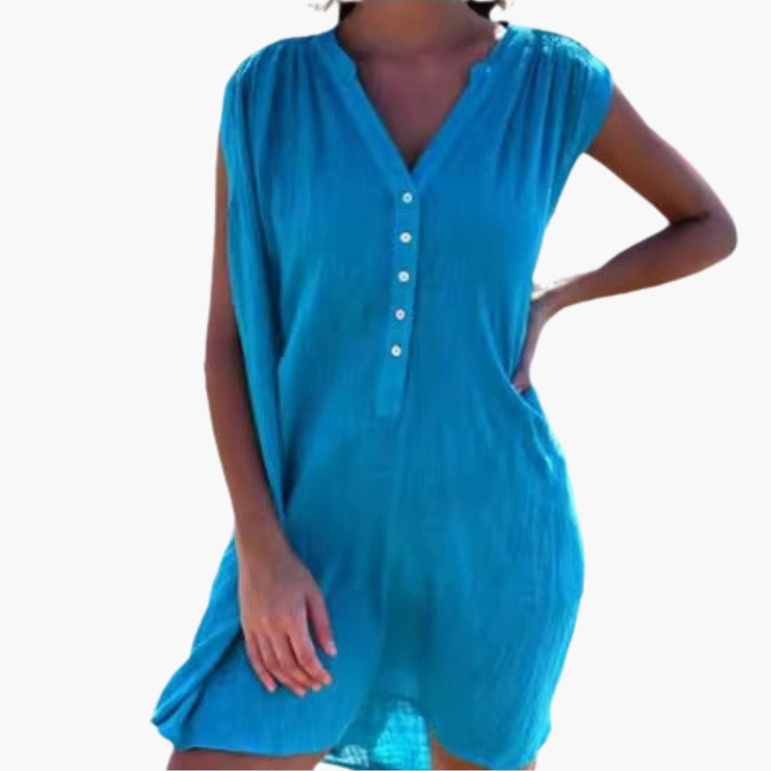 Women's V Neck Button Front Beach Dress
