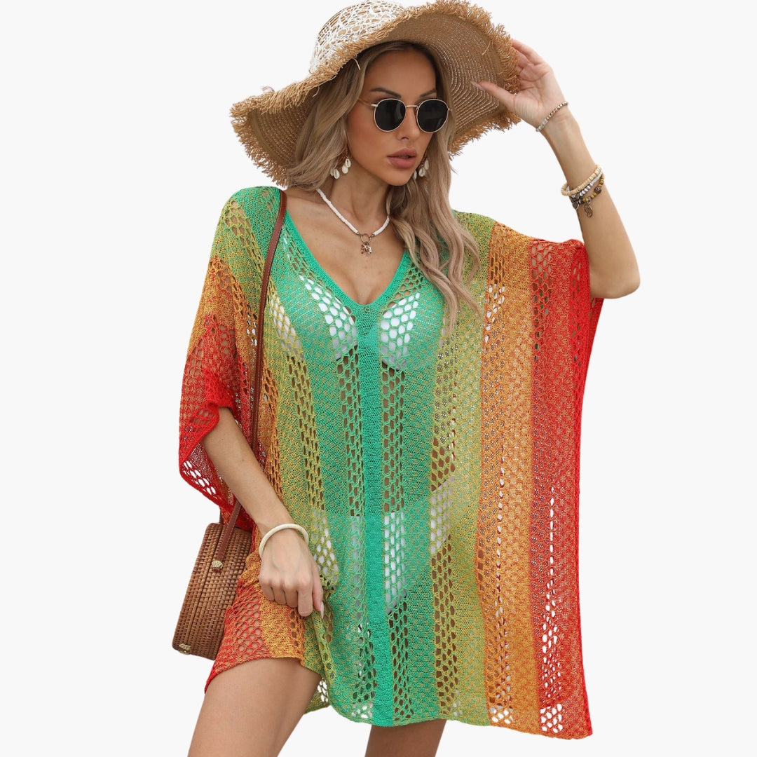 Women's V Neck Open Knit Beach Dress