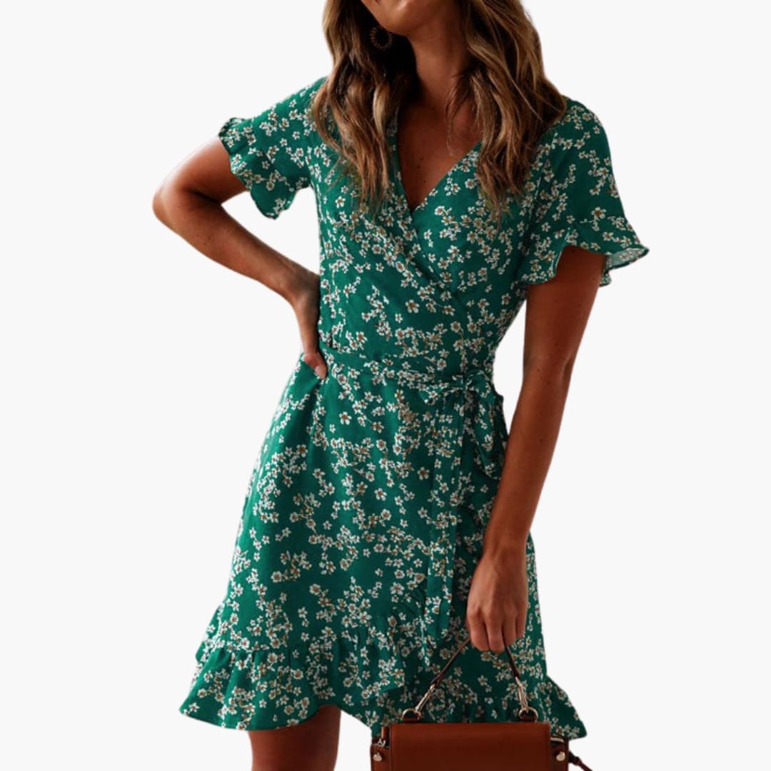 Women's V Neck Ruffle Hem Beach Dress