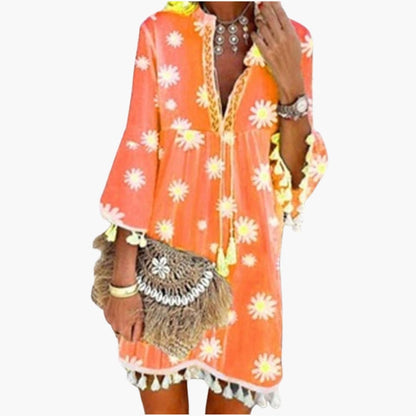 Women's V Neck Tassel Hem Beach Dress - VibreMode