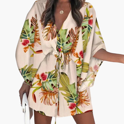Women's Beach Dress Waist Tie Button Front
