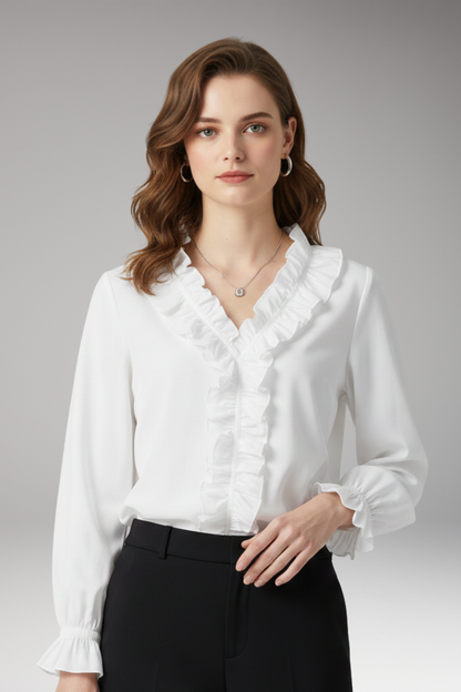 Women's V-Neck Blouse Ruffled Detail