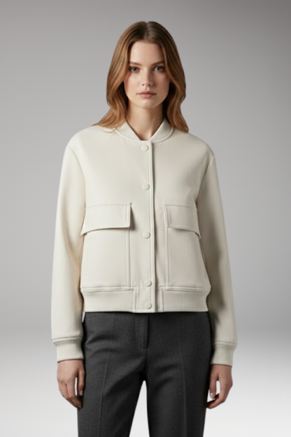 Women's Bomber Jacket Button Closure Flap Pockets