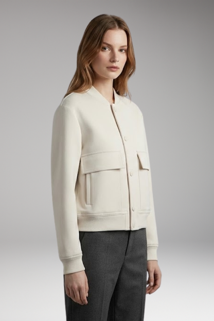 Women's Bomber Jacket Button Closure Flap Pockets
