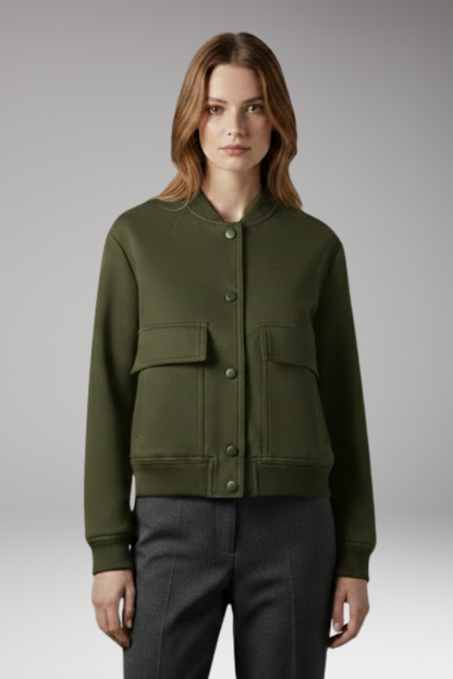 Women's Bomber Jacket Button Closure Flap Pockets