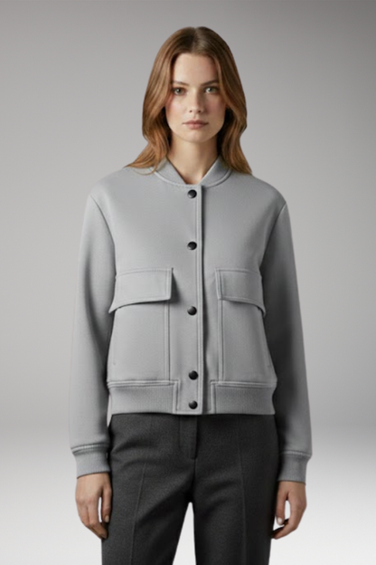 Women's Bomber Jacket Button Closure Flap Pockets