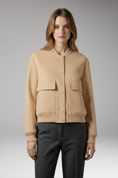 Women's Bomber Jacket Button Closure Flap Pockets