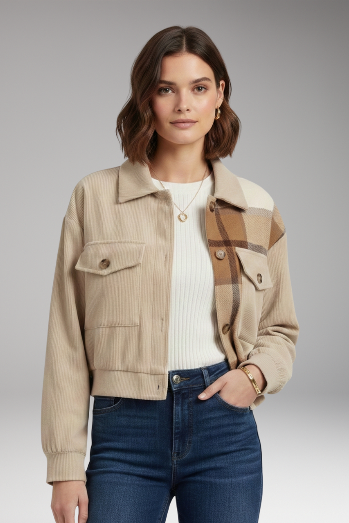 Women's Checkered Bomber Jacket Button Front