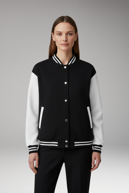 Women's Bomber Jacket Snap Button Contrast Sleeves
