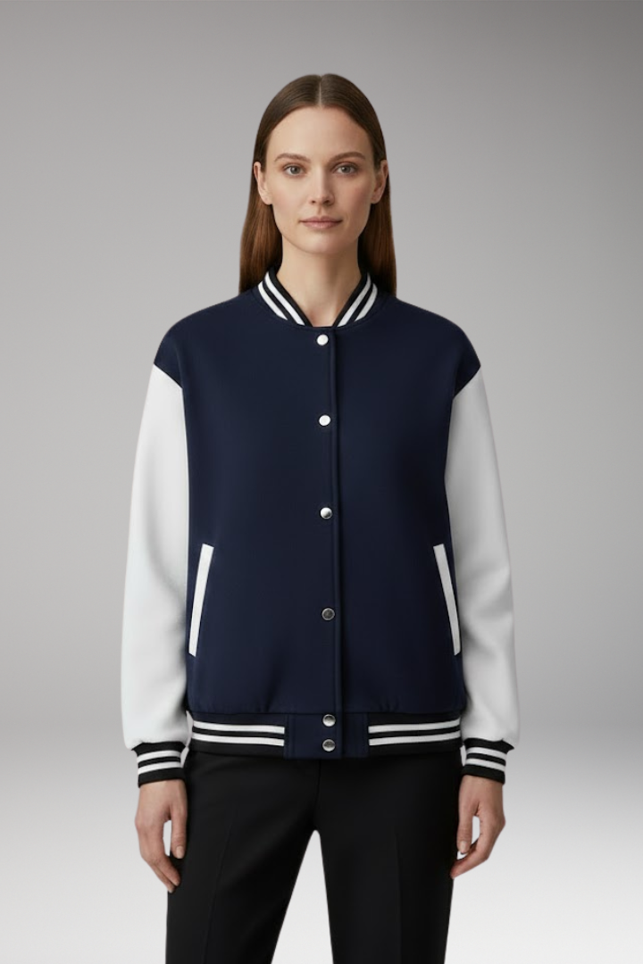 Women's Bomber Jacket Snap Button Contrast Sleeves