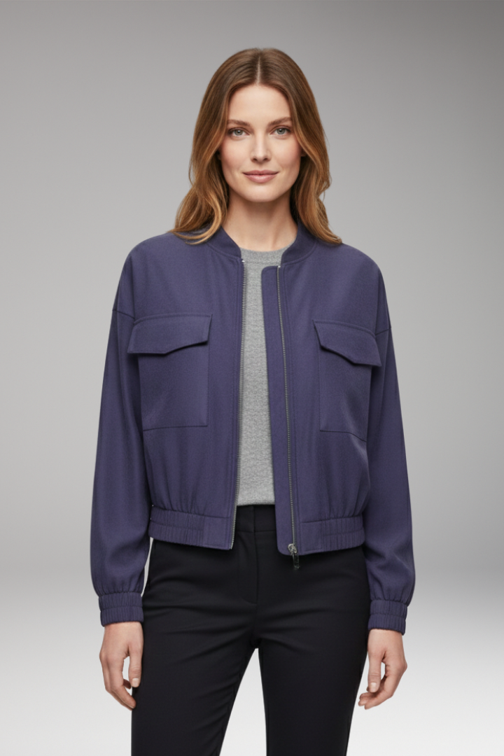 Women's Bomber Jacket Elastic Waistband Patch Pockets