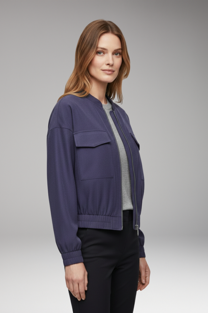 Women's Bomber Jacket Elastic Waistband Patch Pockets