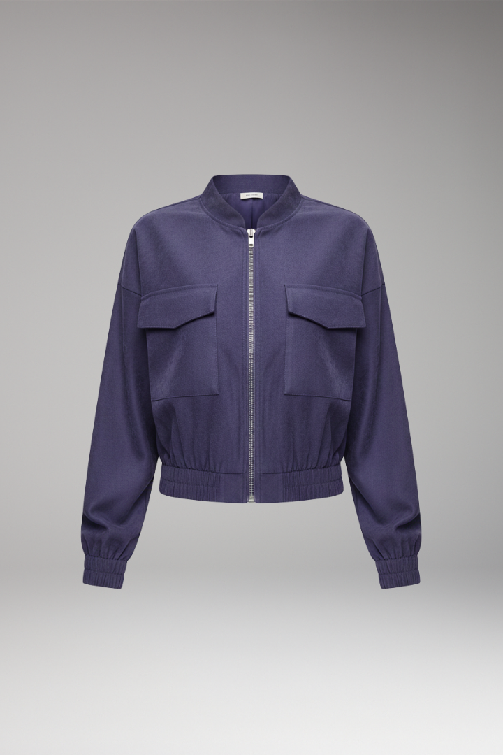Women's Bomber Jacket Elastic Waistband Patch Pockets - VibreMode