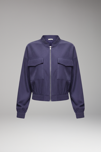 Women's Bomber Jacket Elastic Waistband Patch Pockets - VibreMode