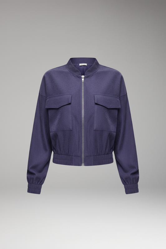 Women's Bomber Jacket Elastic Waistband Patch Pockets - VibreMode
