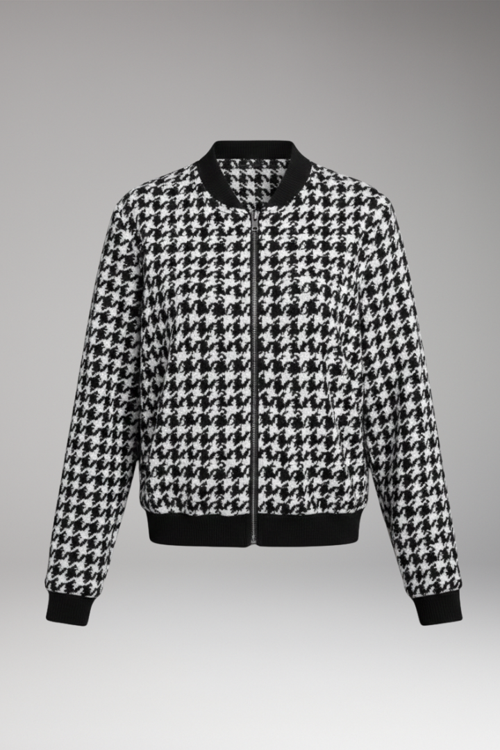 Women's Houndstooth Bomber Jacket Elastic Cuffs - VibreMode