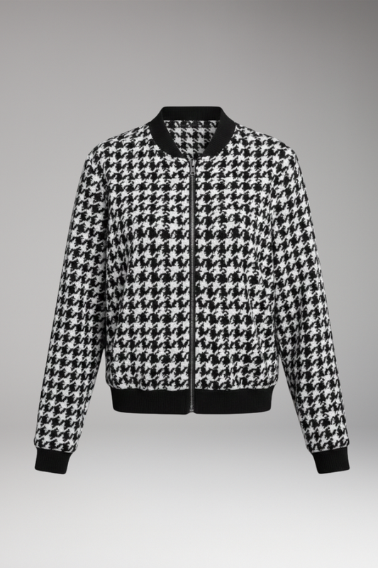 Women's Houndstooth Bomber Jacket Elastic Cuffs - VibreMode