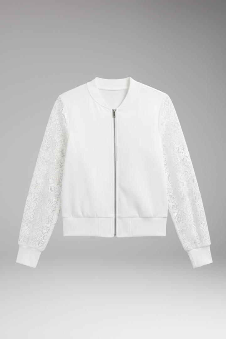 Women's Lace Sleeve Bomber Jacket Elastic Cuffs - VibreMode