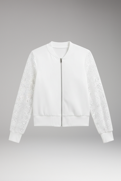Women's Lace Sleeve Bomber Jacket Elastic Cuffs - VibreMode